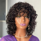 Short Curly Human Hair Minimalist Lace Wear Go Glueless Water Wave Bob Wig with Bangs Natural Black Beginner Friendly