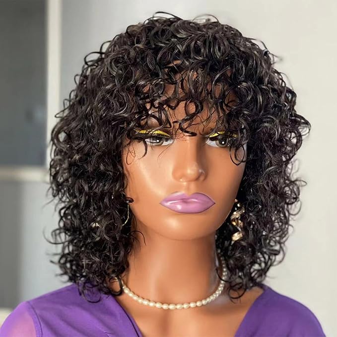 Short Curly Human Hair Minimalist Lace Wear Go Glueless Water Wave Bob Wig with Bangs Natural Black Beginner Friendly