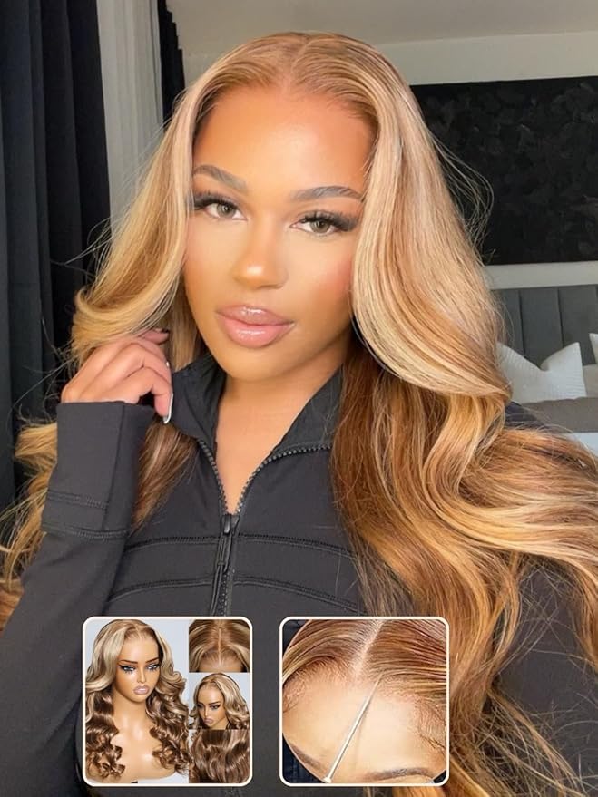 7x5 Bye-Bye Knots Glueless Wig Pre-Cut Lace Honey Blonde Body Wave With Bleached Clean Knots Ombre Highlight Color 150% Density
