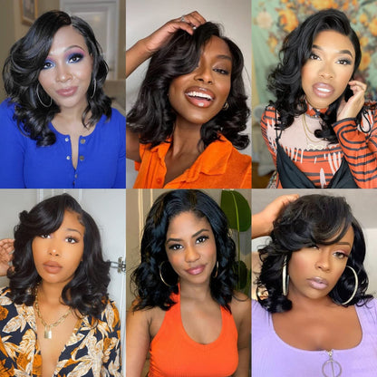 Short Bob Human Hair Wear Go Wig Glueless 13x4 Lace Front Pre-Plucked Body Wave Ocean Wave 180% Density - Natural Color (10 Inch)