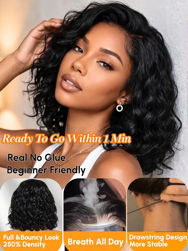 6X4 Glueless Lace "C" Side Part Water Wave Bob Wig 220% Density Drawstring Ready To Wear Short Curly Friendly For Beginners