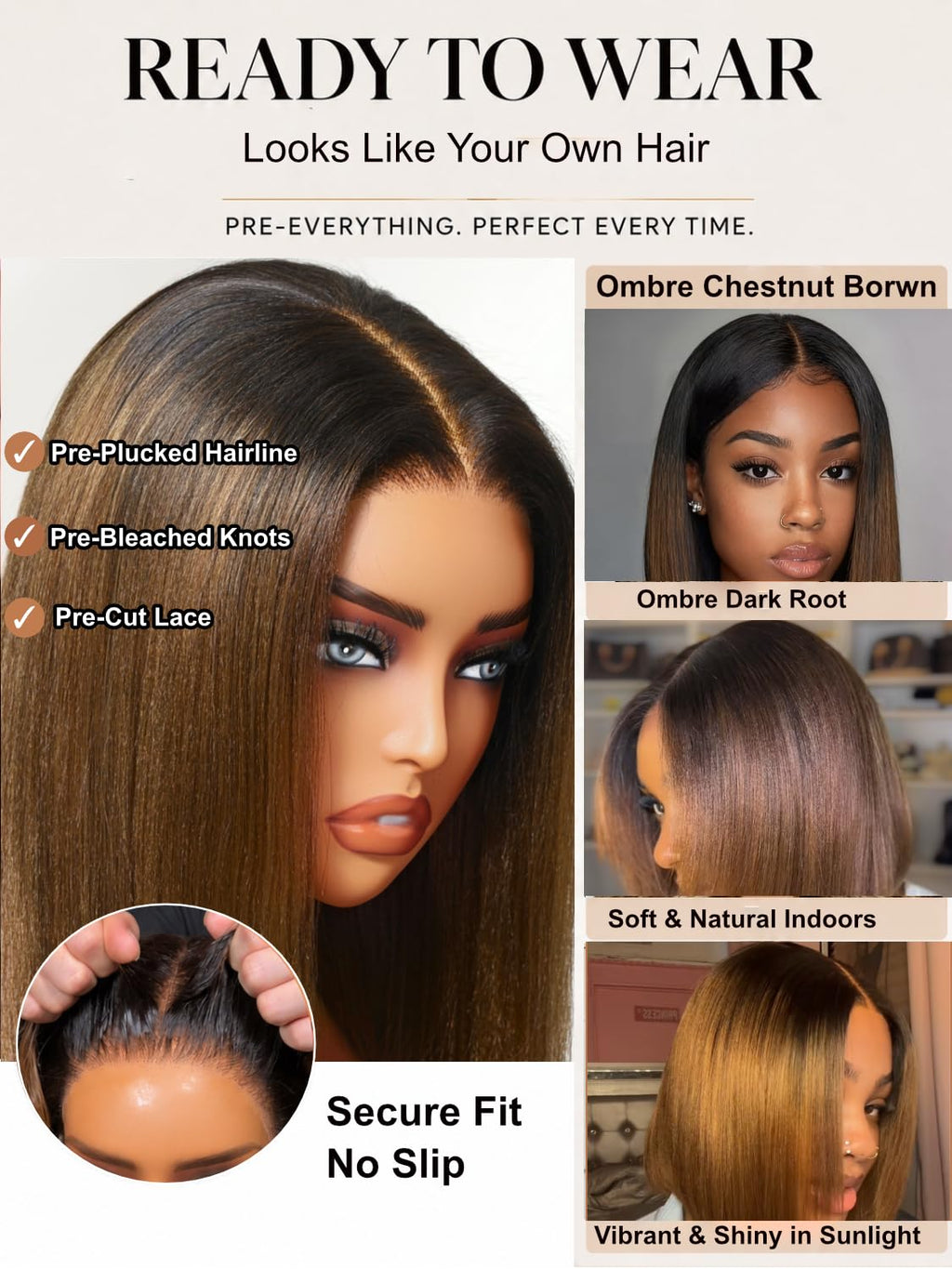 7x5 Bye-Bye Knots Ombre Chestnut Brown Put On and Go Yaki Bob Straight Lace Wig Glueless Human Hair Wigs with Invisi Drawstring