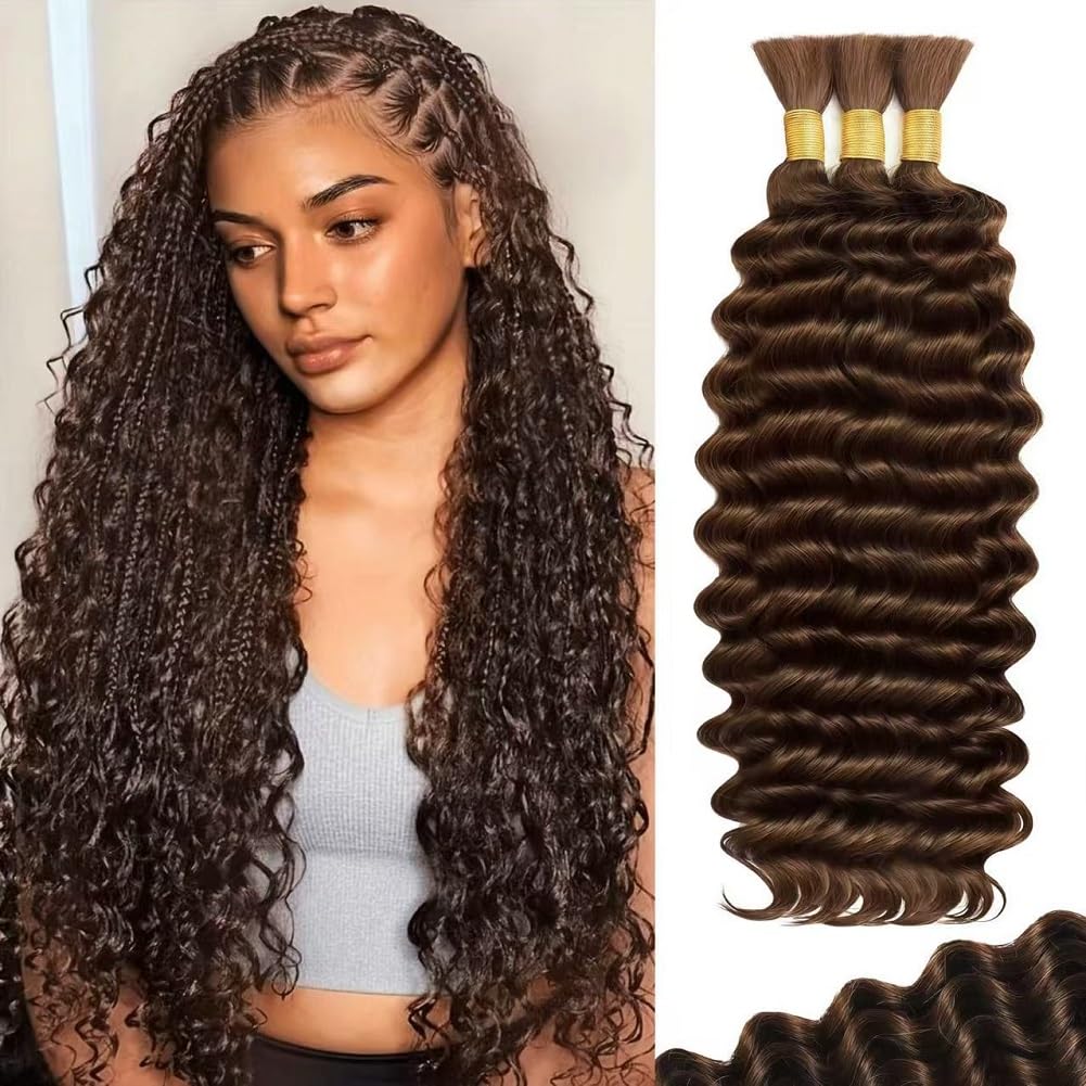 100% Human Deep Wave Bulk Boho Hair for Braiding Curly Bundles Human Hair Wet and Wavy Hair Extension No Weft Natural Brown