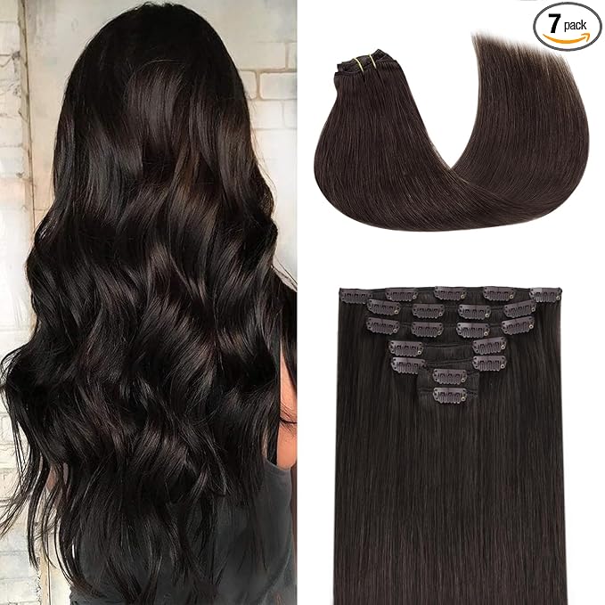 Clip in Hair Extensions Real Human Hair for Women Dark Brown