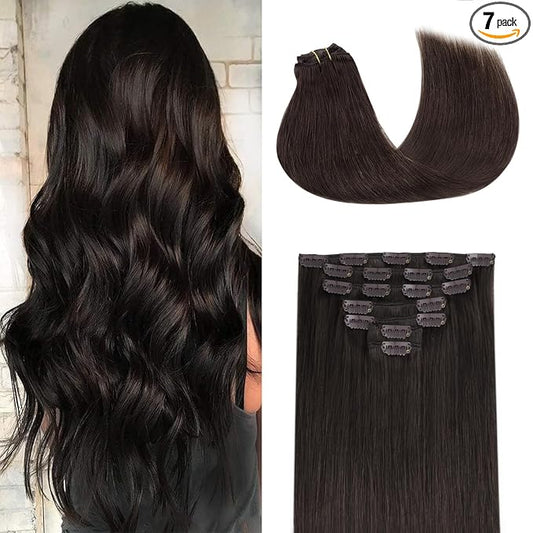 Clip in Hair Extensions Real Human Hair for Women Dark Brown