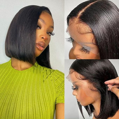 Super Natural Hairline Silky Short Bob Wig Human Hair Straight Bob Lace Human Hair Natural Black