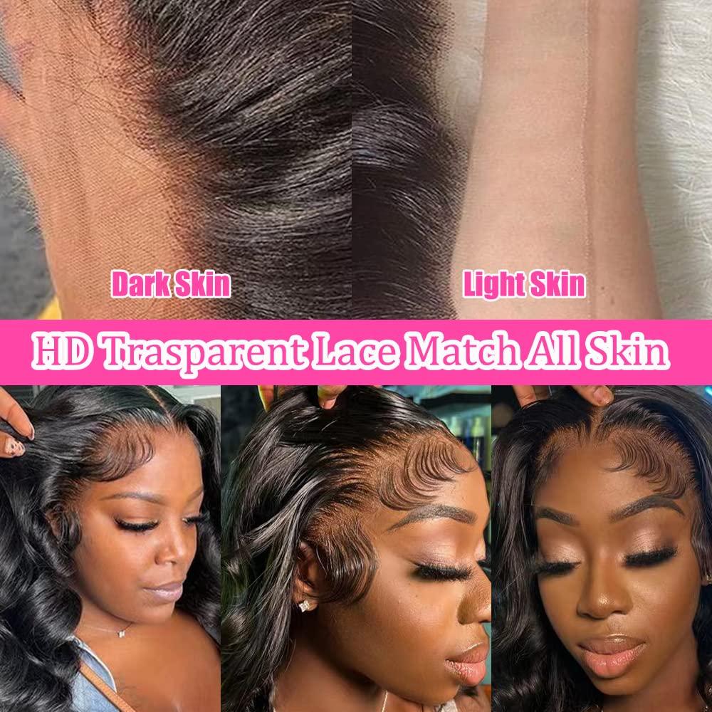 13x4 Body Wave Transparent Lace Front Wigs Human Hair Pre Plucked HD Lace Frontal Glueless Wigs with Baby Hair Natural Black
