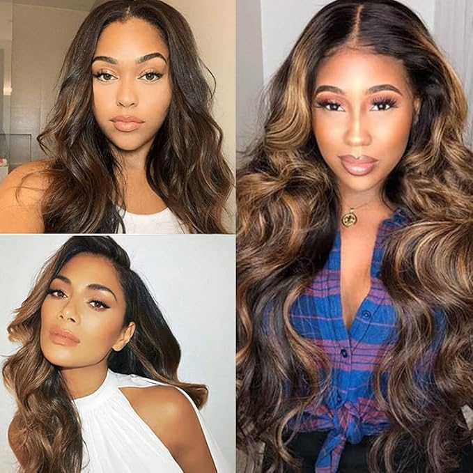13x6 Ombre Blonde Highlight Brown Body Wave HD Lace Closure Wig 180% Density Wear Go Human Hair