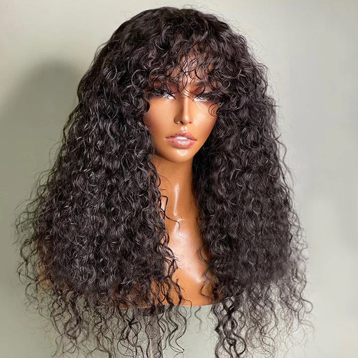 Curly Wave Wig With Bangs Natural Color Human Hair Glueless Wigs Low-Maintenance Wear Go