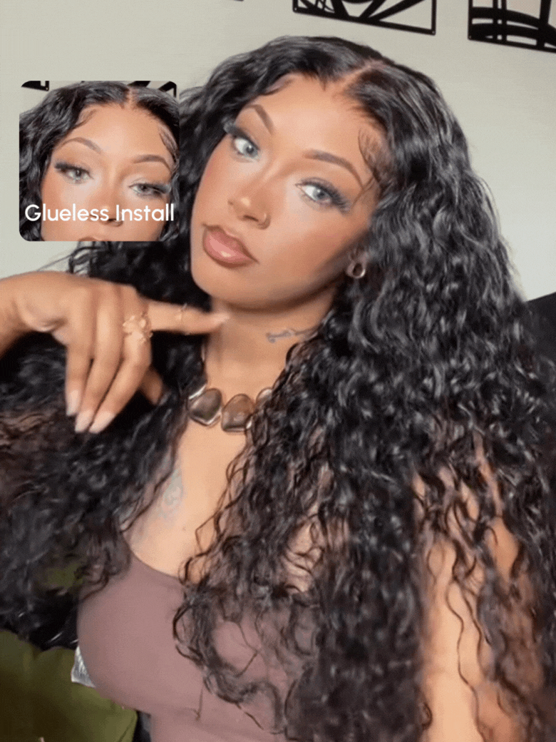 7x5 Glueless Wig Pre Cut 180% Density Wet And Wavy Water Wave Natural Black Invisible Knots Lace Frontal Wig Put On and Go