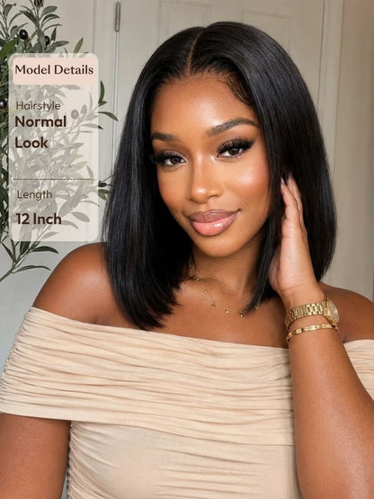 7x5 Glueless Lace Natural Black Yaki Straight Hair Pre Layered Short Bob Bleached Knots Drawstring Wig Beginner Friendly
