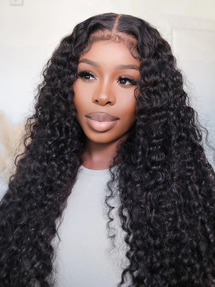360 Full Lace Glueless Deep Wave Wig Invisi Drawstring Natural Black Pull & Go 180% Density Human Hair