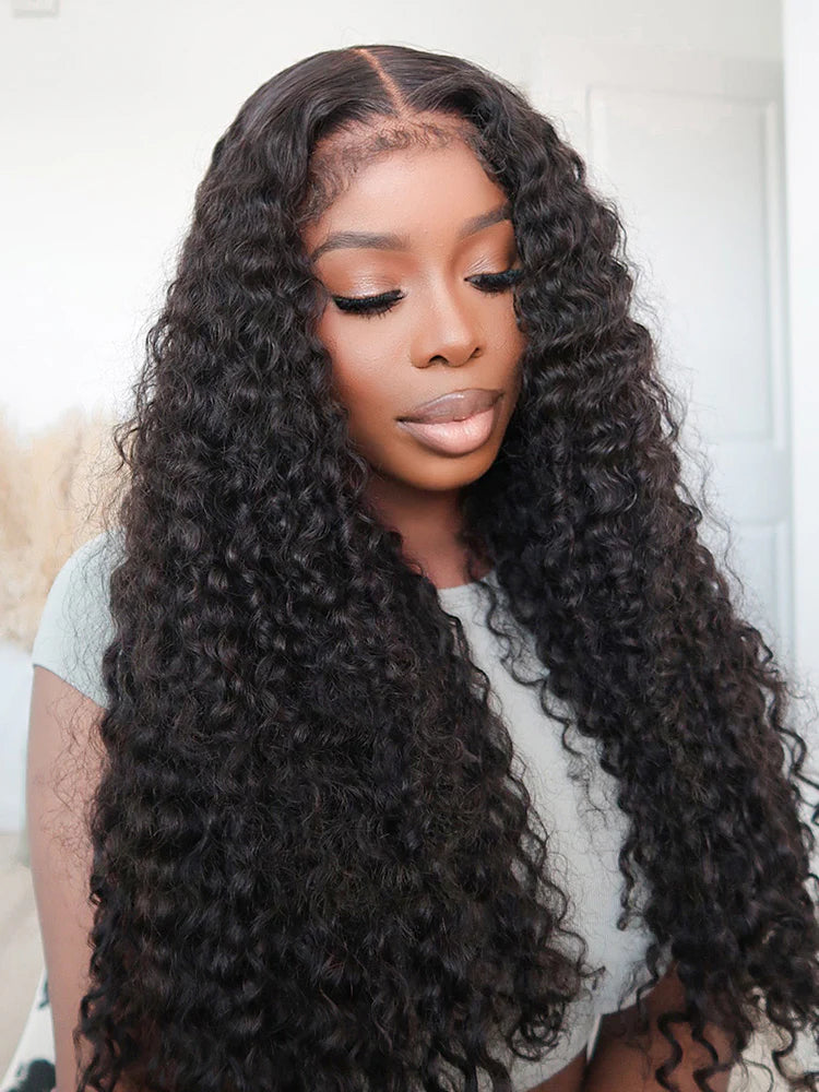 360 Full Lace Glueless Deep Wave Wig Invisi Drawstring Natural Black Pull & Go 180% Density Human Hair