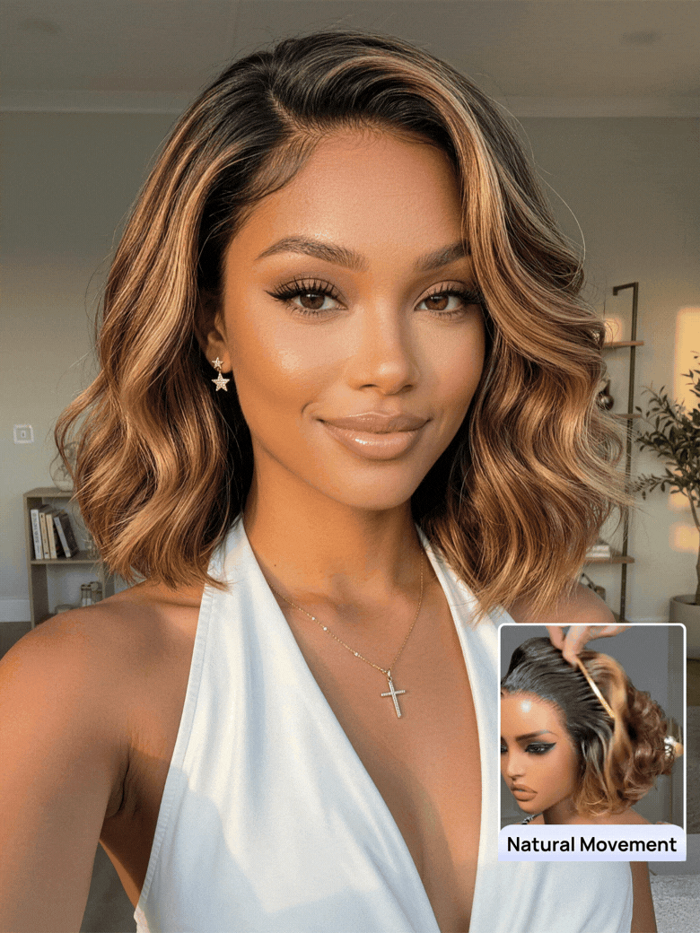 7x5 and 13x4 Glueless French Bob Style Human Hair with HD Lace Pre Everything Chocolate Brown Highlight Wig Soft Barrel Curls Wear and Go for Beginners 10Inch