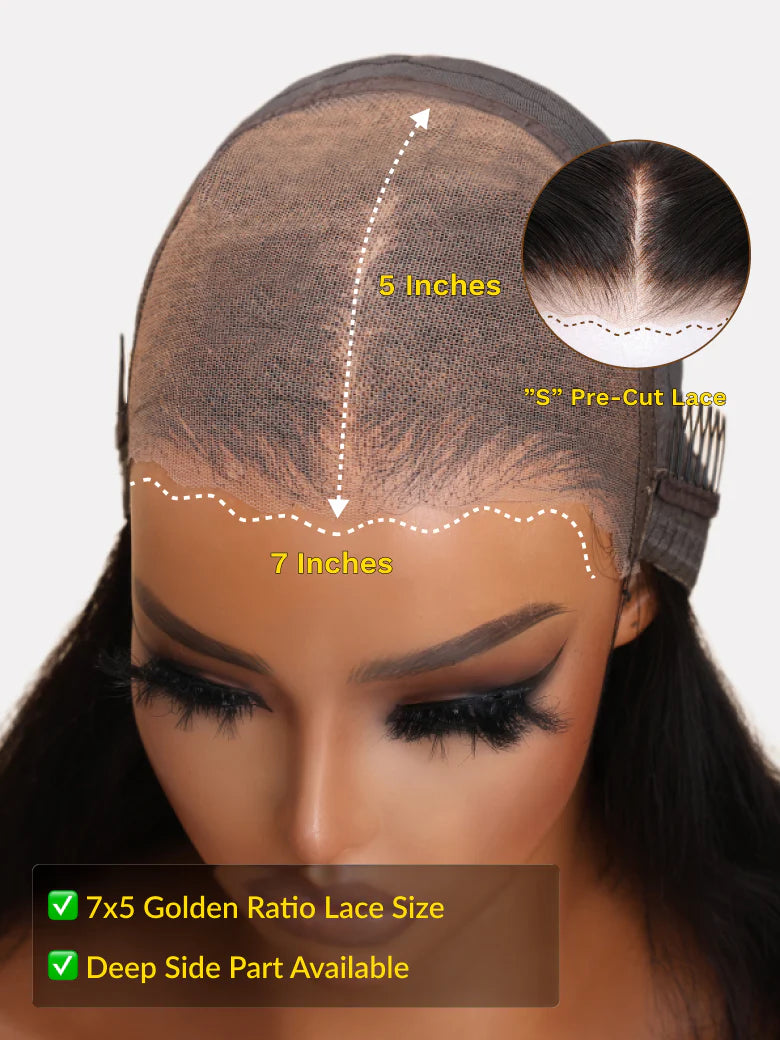 7x5 Pre Cut Glueless Golden Brown Highlights Water Wave Bye Bye Knots Lace Closure Wig 150% Density
