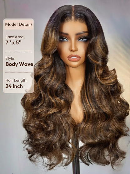 Balayage Highlight Glueless Body Wave 7x5 / 13x4 Lace Front Human Hair Wigs with Invisi Drawstring Put On and Go