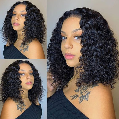 Short Curly Bob 13x4 Lace Front Human Hair Wig Soft Breathable Reusable Nontangled Brazilian Wig Adjustable Size (14 inches)