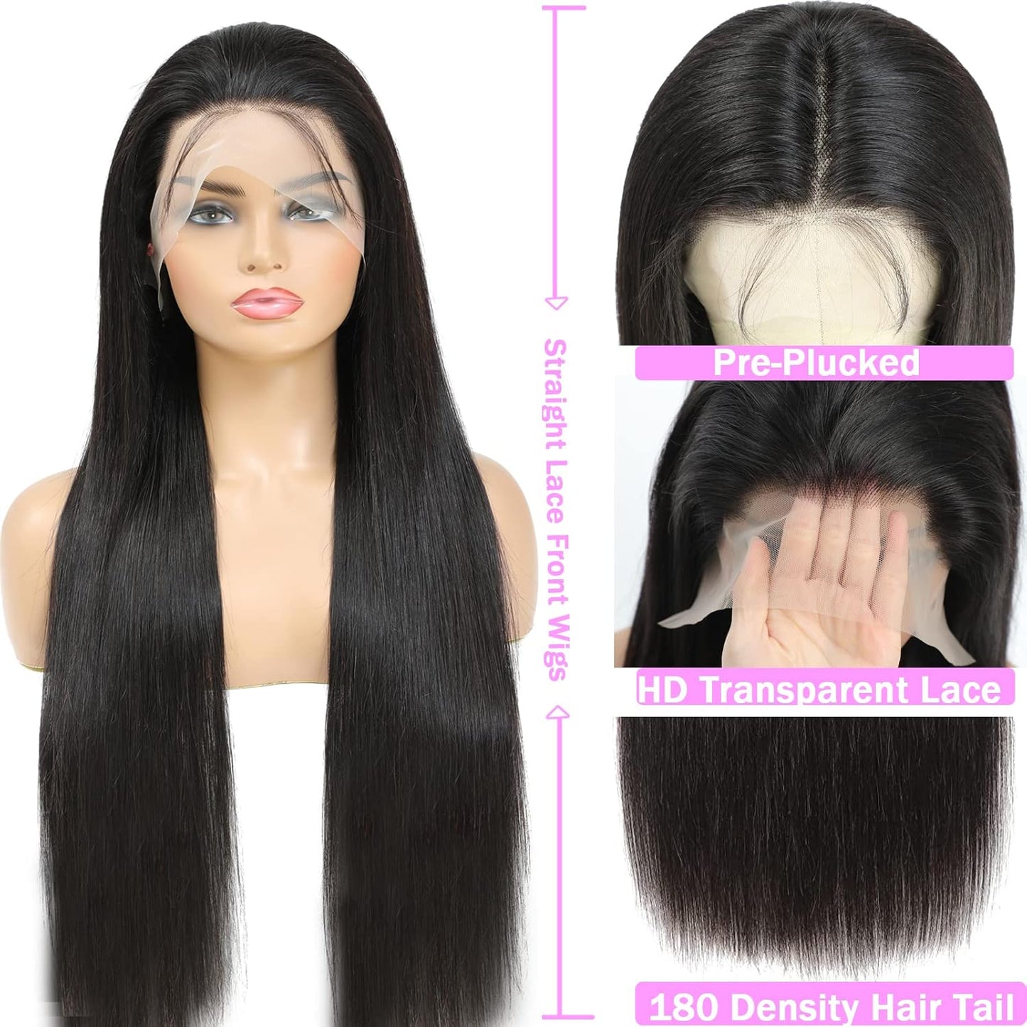 Luxury Custom Straight Wigs Transparent Lace Glueless 100% Human Hair Lace Front Wigs Natural Black