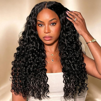 Glueless Curly Pre Plucked Pre Cut Deep Wave Wig for Women 200 Density Drawstring 13X6 Hd Lace Closure Middle Part Wear and Go Wigs Natural Black Color