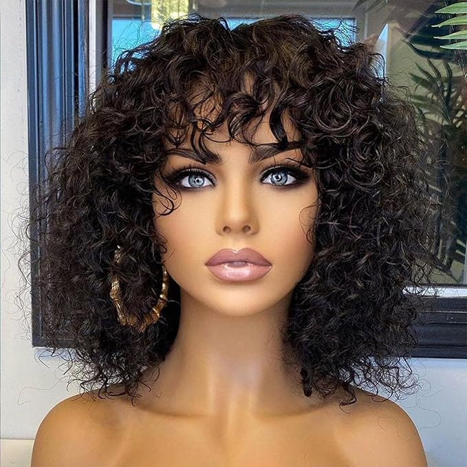 Short Curly Human Hair Minimalist Lace Wear Go Glueless Water Wave Bob Wig with Bangs Natural Black Beginner Friendly
