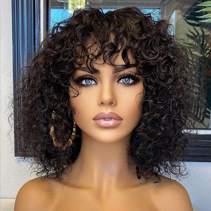 Short Curly Human Hair Minimalist Lace Wear Go Glueless Water Wave Bob Wig with Bangs Natural Black Beginner Friendly