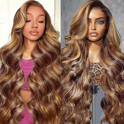Blonde Highlighted Wig Body Wave Glueless Human Hair Wigs 13x4 HD Lace Front Wigs 180% Density with Pre Plucked