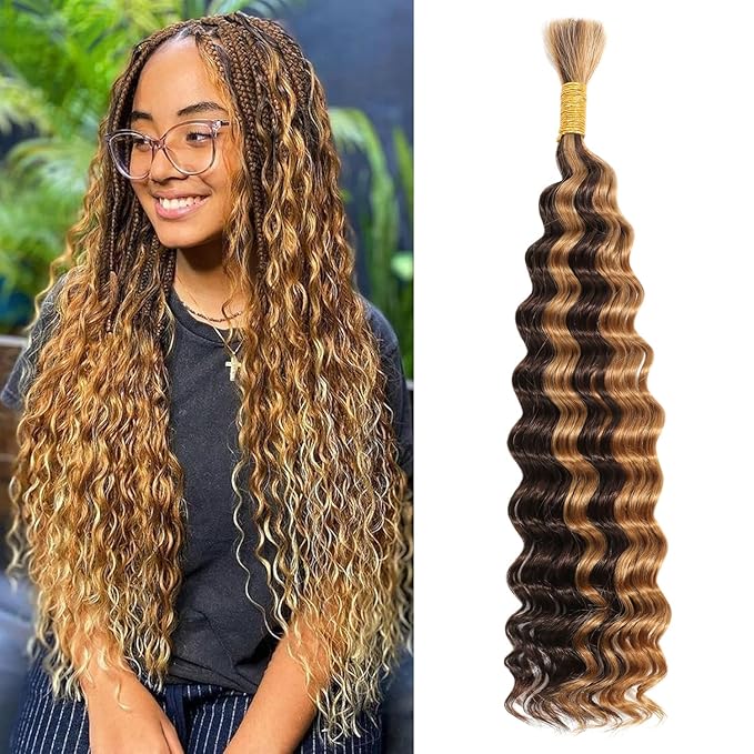 Piano Color Deep Wave Human Hair Bulk Curly Hair Extensions Bundles for Braiding