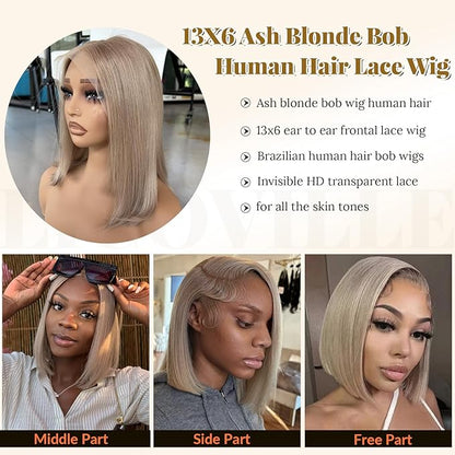 13x6 HD Lace Front Wig Human Hair Invisible Knots Ash Blonde Ombre Silky Straight 12 Inch Short Bob Wigs With Pre-Cut Lace 180% Density Blond Wig