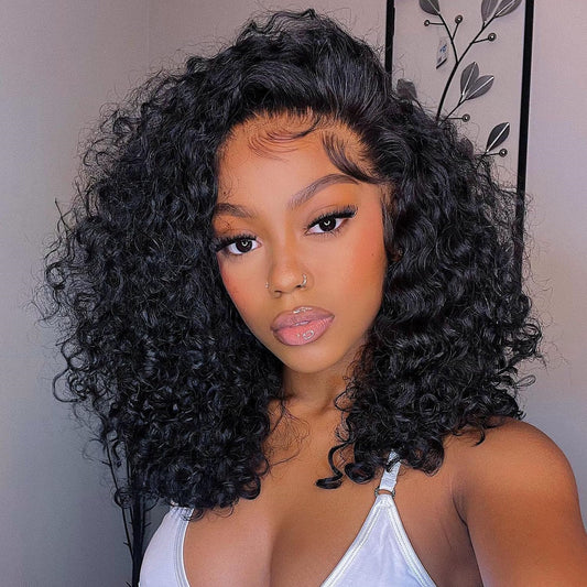 Wear and Go 12''-22'' Kinky Wavy Texture Human Hair Glueless Invisible Lace Front Wigs 100%human hair
