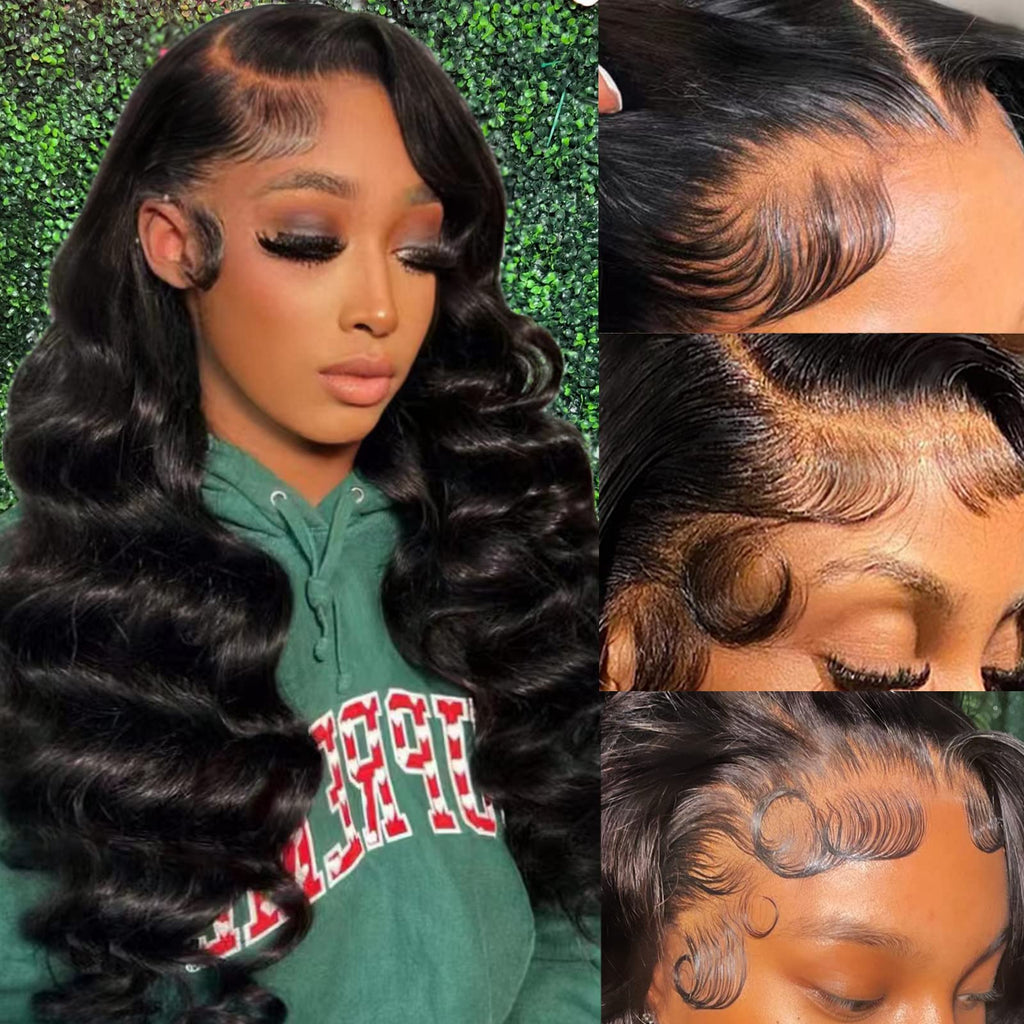 13x4 Body Wave Transparent Lace Front Wigs Human Hair Pre Plucked HD Lace Frontal Glueless Wigs with Baby Hair Natural Black