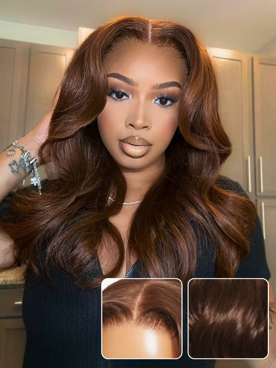 Body Wave Put On and Go Glueless Wigs 150% Density Reddish Brown 7x5 Pre-Cut Lace Wigs with Natural Hairline