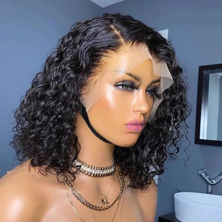 Short Curly Bob 13x4 Lace Front Human Hair Wig Soft Breathable Reusable Nontangled Brazilian Wig Adjustable Size (14 inches)