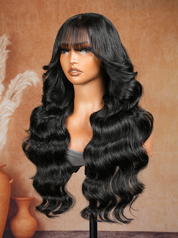 Pre-Everything 7x5/13x4 Lace Frontal Loose Wave Wigs with Bangs-Fluffy Hair 3D Dome Cap Put on and Go Glueless Human Hair