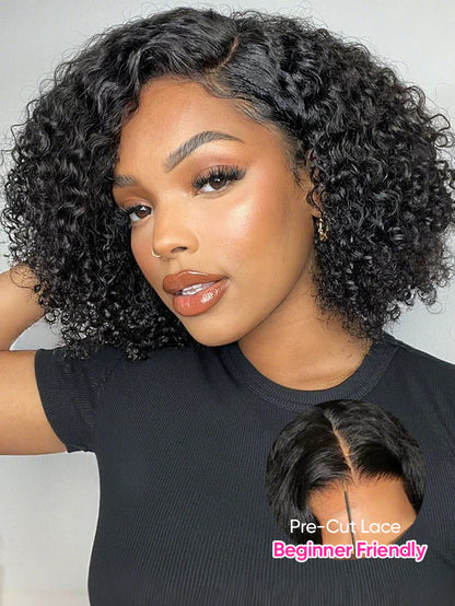 Trendy Short Cut Curly Minimalist Pre-Cut HD Lace Glueless Side Part Frontal Bob Wig  Human Hair 150% Density