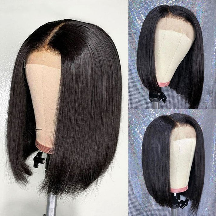 Super Natural Hairline Silky Short Bob Wig Human Hair Straight Bob Lace Human Hair Natural Black