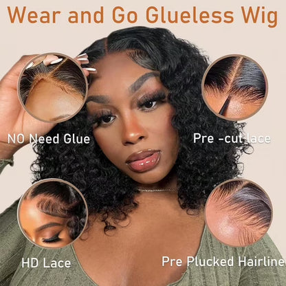 Bob Wig Human Hair Wear Go Glueless Wigs 13x4 Deep Wave Lace Front Closure Wigs Natural Black 14 Inch