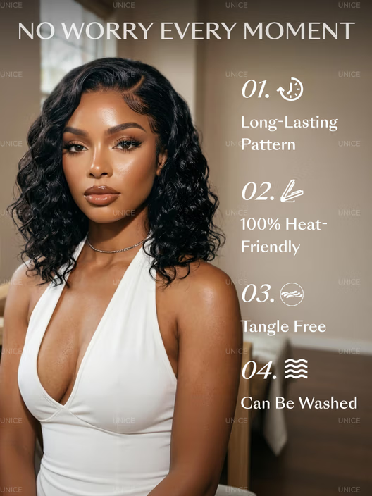 6X4 Glueless Lace "C" Side Part Water Wave Bob Wig 220% Density Drawstring Ready To Wear Short Curly Friendly For Beginners