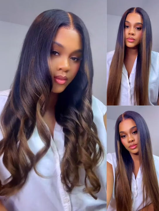 Pre Everything 7x5 Glueless Lace Chestnut Brown Ombre Yaki Straight Put On and Go Wig With Bleached Knots 150% Density