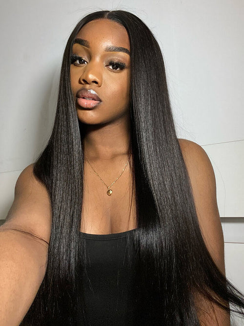 Yaki Straight 13x4/6x5 Glueless Lace Wig Pre-cut Lace Put On and Go Natural Black Beginner Friendly 150% Density