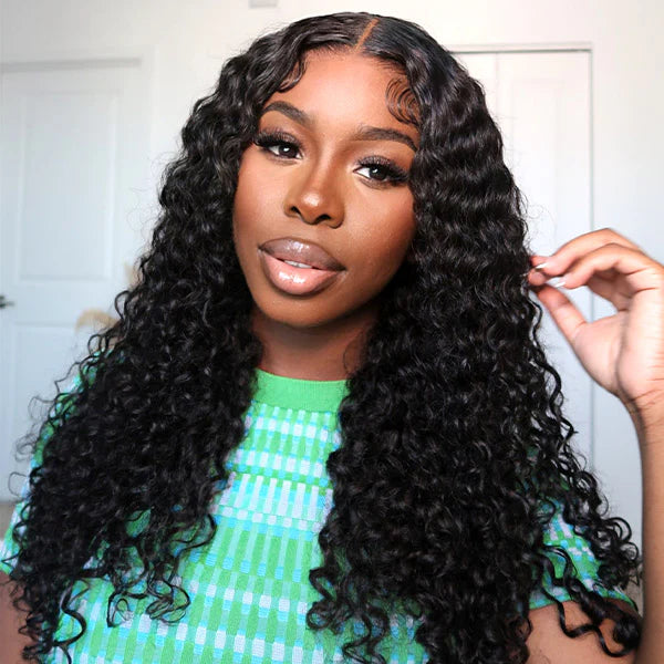 Glueless Curly Pre Plucked Pre Cut Deep Wave Wig for Women 200 Density Drawstring 13X6 Hd Lace Closure Middle Part Wear and Go Wigs Natural Black Color