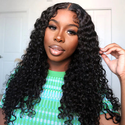 Glueless Curly Pre Plucked Pre Cut Deep Wave Wig for Women 200 Density Drawstring 13X6 Hd Lace Closure Middle Part Wear and Go Wigs Natural Black Color