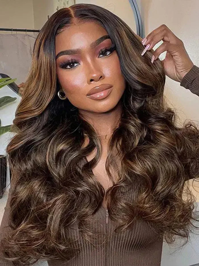 Balayage Highlight Glueless Body Wave 7x5 / 13x4 Lace Front Human Hair Wigs with Invisi Drawstring Put On and Go