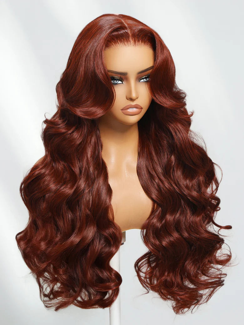 Body Wave Put On and Go Glueless Wigs 150% Density Reddish Brown 7x5 Pre-Cut Lace Wigs with Natural Hairline