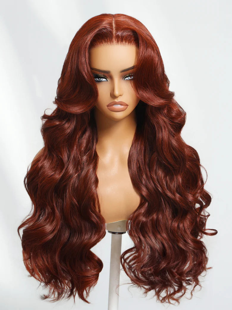 Body Wave Put On and Go Glueless Wigs 150% Density Reddish Brown 7x5 Pre-Cut Lace Wigs with Natural Hairline