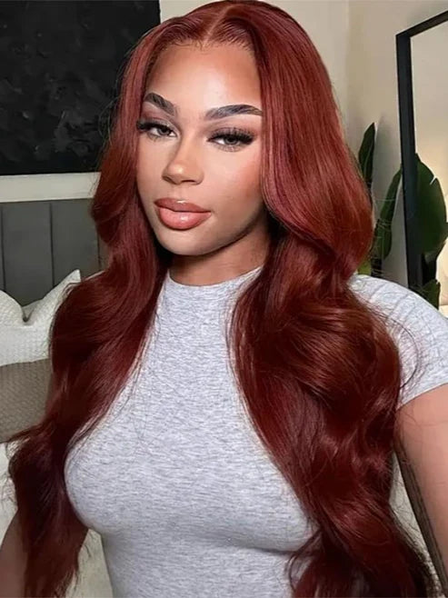 Body Wave Put On and Go Glueless Wigs 150% Density Reddish Brown 7x5 Pre-Cut Lace Wigs with Natural Hairline