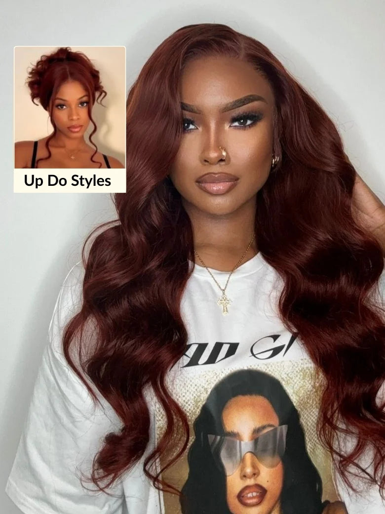 Body Wave Put On and Go Glueless Wigs 150% Density Reddish Brown 7x5 Pre-Cut Lace Wigs with Natural Hairline