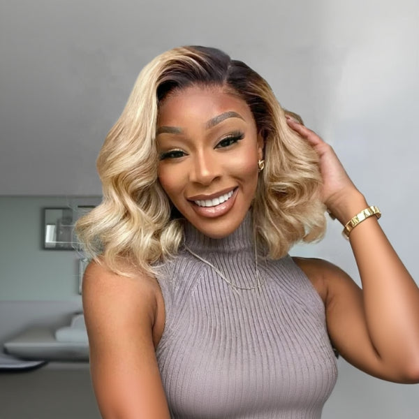 13x4 Lace Front Wigs Human Hair invisible knots Glueless Loose Body Wave Bob Wig Pre-cut Lace Brown Blonde Ombre Beginner Friendly