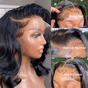 Short Bob Human Hair Wear Go Wig Glueless 13x4 Lace Front Pre-Plucked Body Wave Ocean Wave 180% Density - Natural Color (10 Inch)