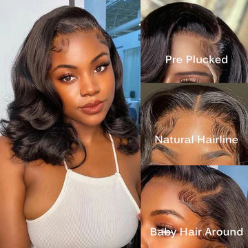 Short Bob Human Hair Wear Go Wig Glueless 13x4 Lace Front Pre-Plucked Body Wave Ocean Wave 180% Density - Natural Color (10 Inch)