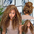 Honey Blonde Highlight Water Wave Pull & Go 13x6 Lace Frontal Tiny Knots Glueless Wig Deep Curly Human Hair